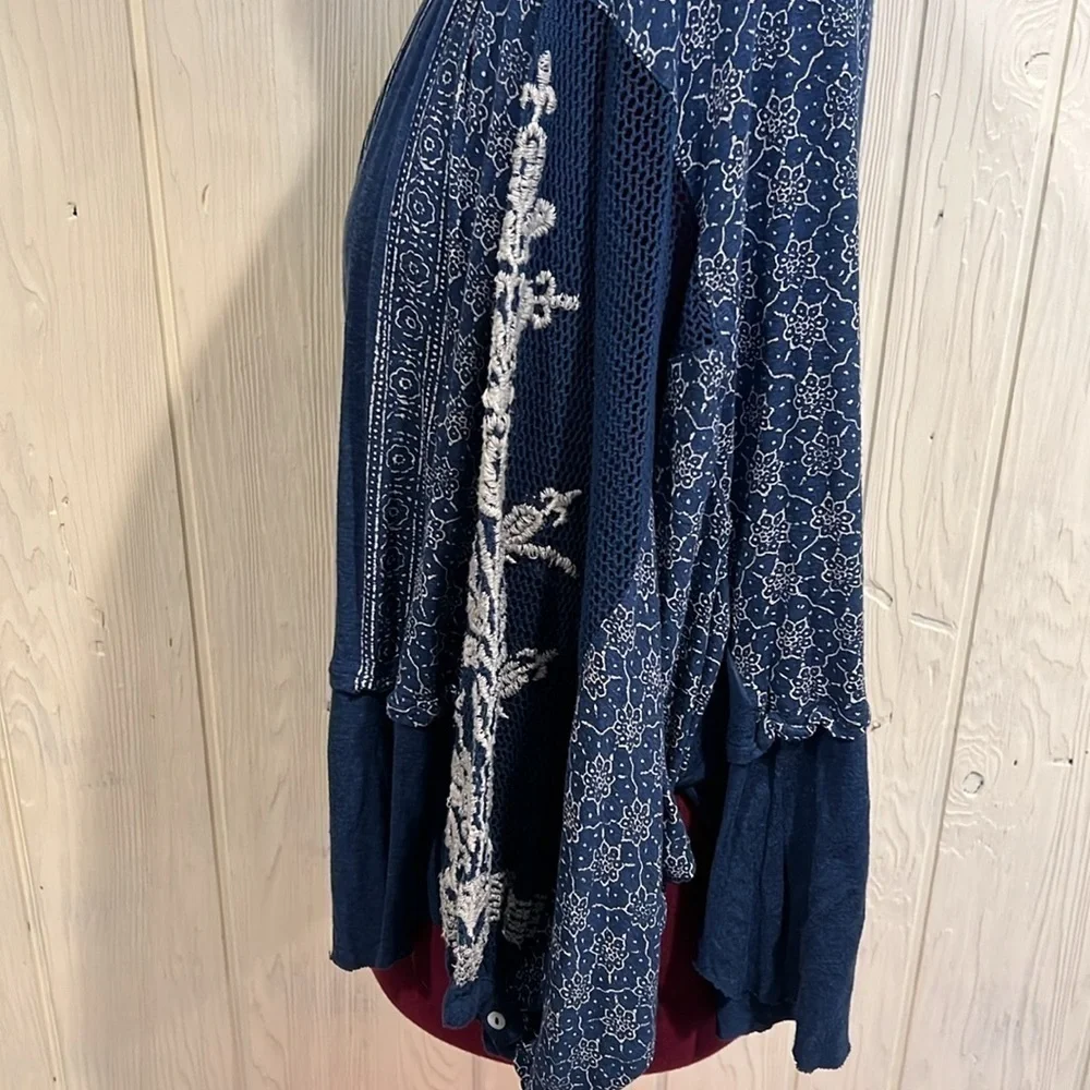 Free People Indigo Dreams Top XS Embroidered Mesh Balloon Sleeves